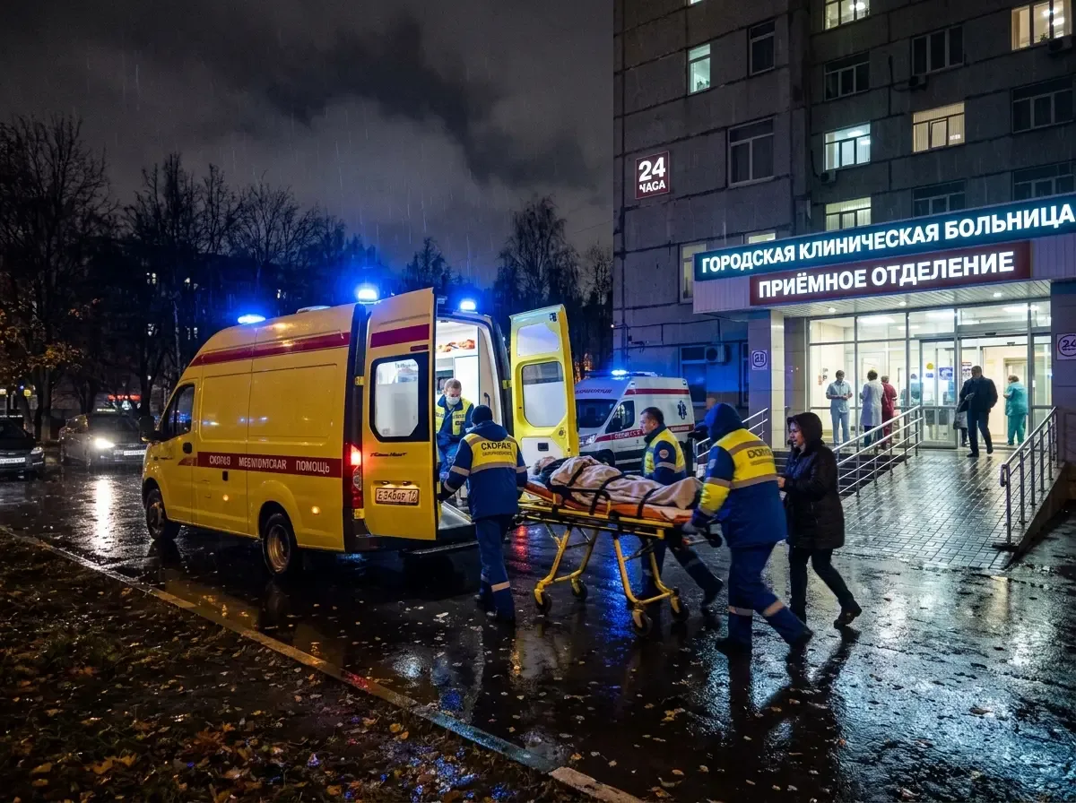 скорая медицинская помощь у входа в больницу, тревожная ночная атмосфера