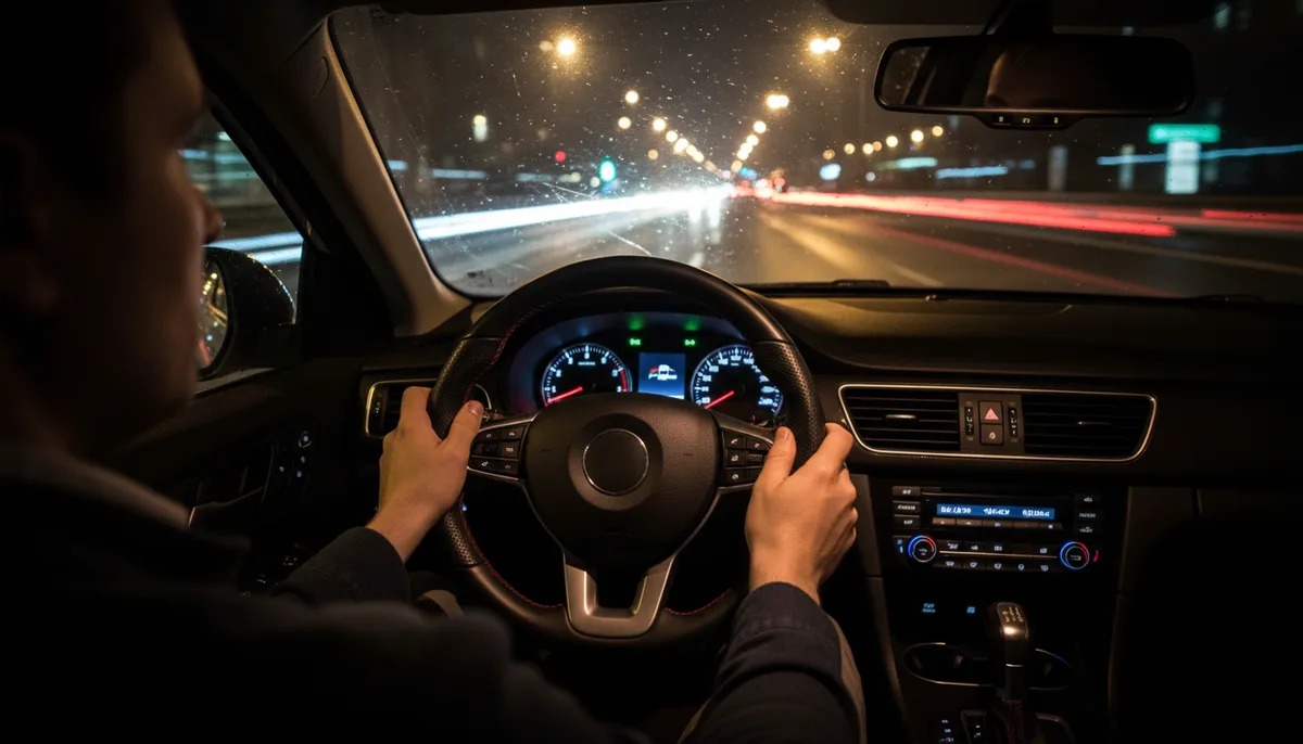автомобильное рулевое колесо крупным планом, размытая ночная дорога через лобовое стекло, тёмный салон
