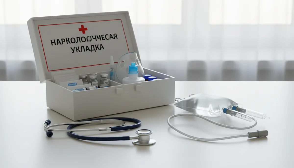 Наркологическая укладка, стетоскоп, инфузионная система на светлой поверхности
