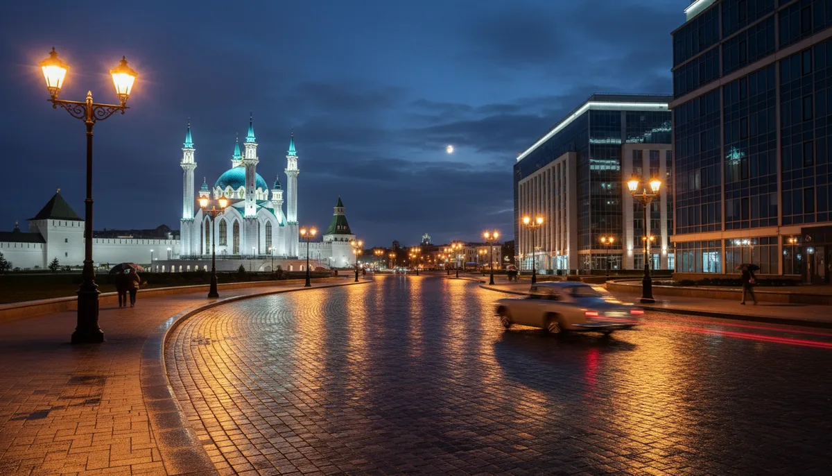 ночной городской пейзаж Казани, освещённая улица, силуэт автомобиля